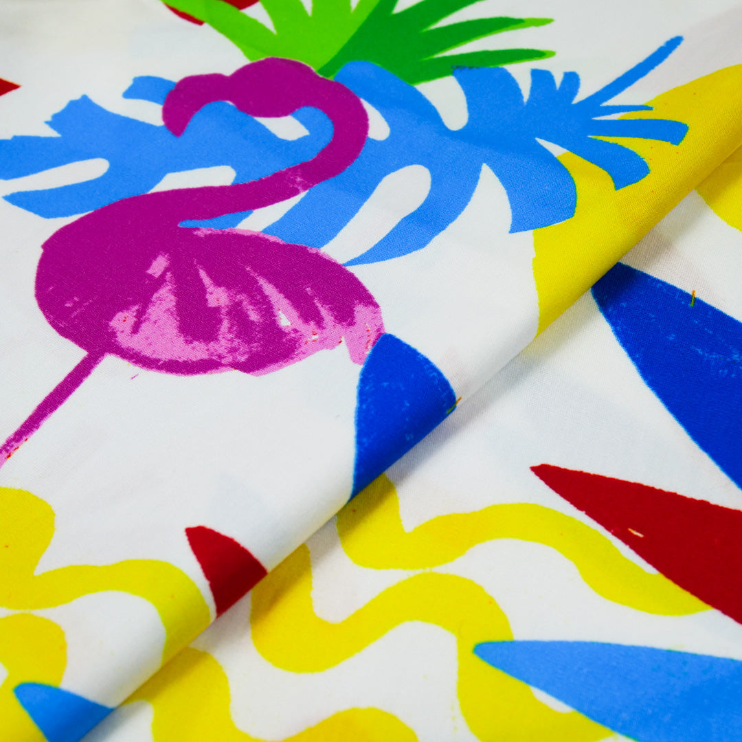 JUSTIN AND JUSTINE - COTTON POPLIN PRINTS - PALM LEAVES/BANANAS/FLAMINGO'S