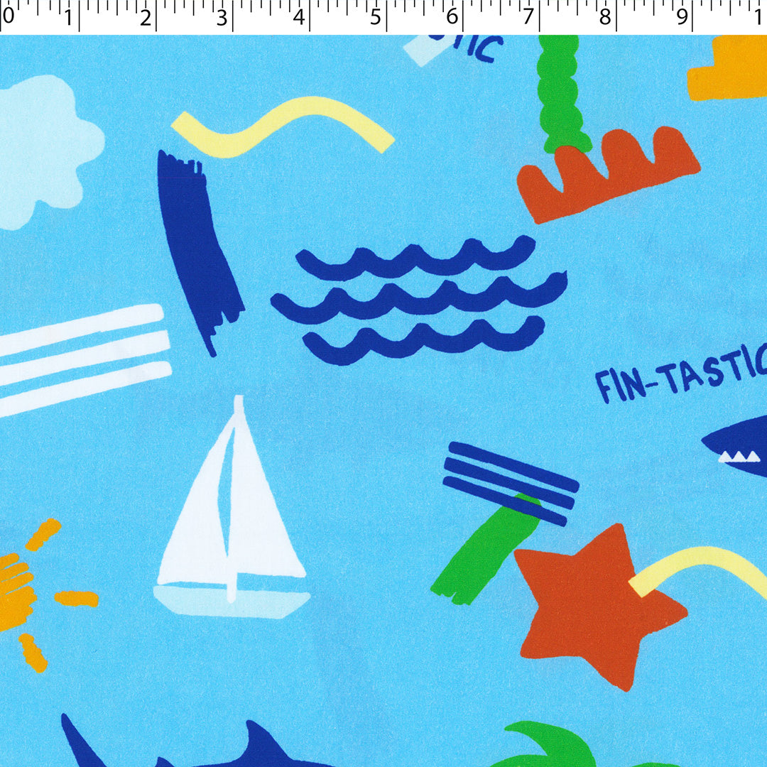 JUSTIN AND JUSTINE - COTTON POPLIN PRINTS - PALM TREES/SHARKS