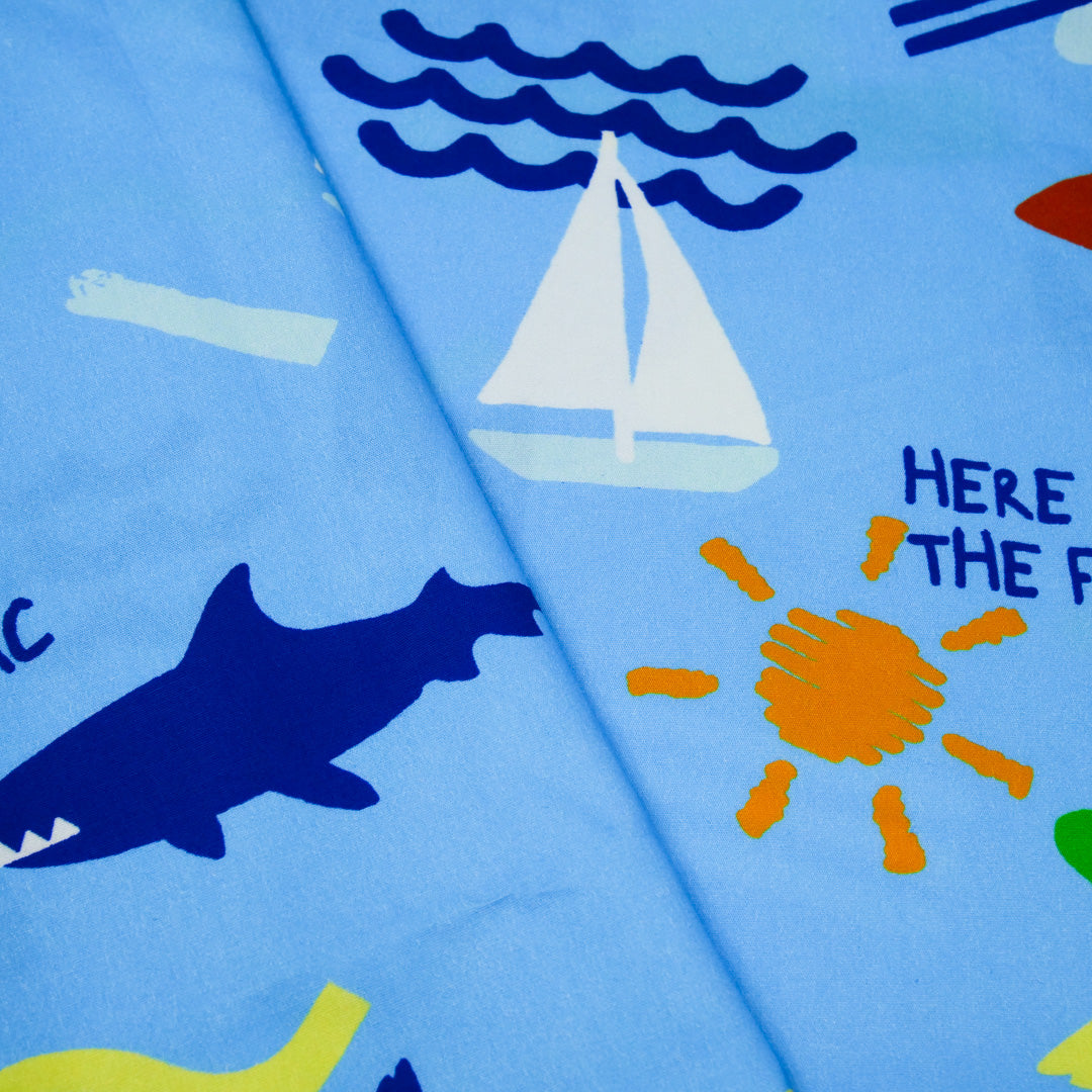 JUSTIN AND JUSTINE - COTTON POPLIN PRINTS - PALM TREES/SHARKS