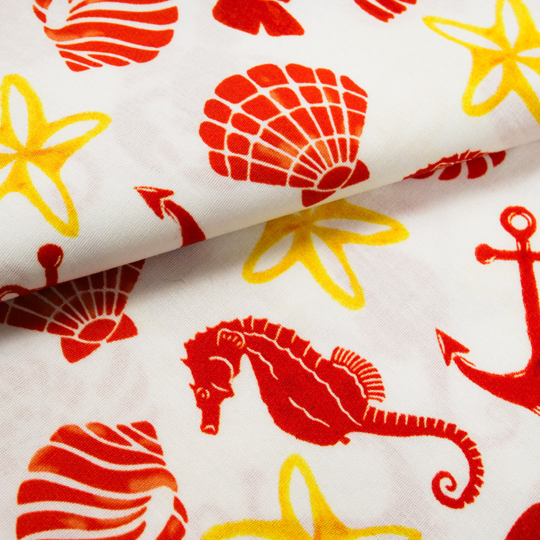 CHIT CHAT COLLECTION - STRETCH COTTON PRINTS - SHELLS/SEA-HORSE/STARFISH