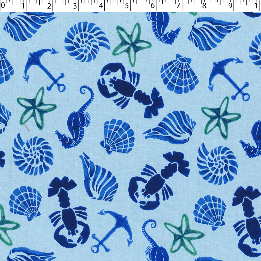 CHIT CHAT COLLECTION - STRETCH COTTON PRINTS - SHELLS/SEA-HORSE/STARFISH