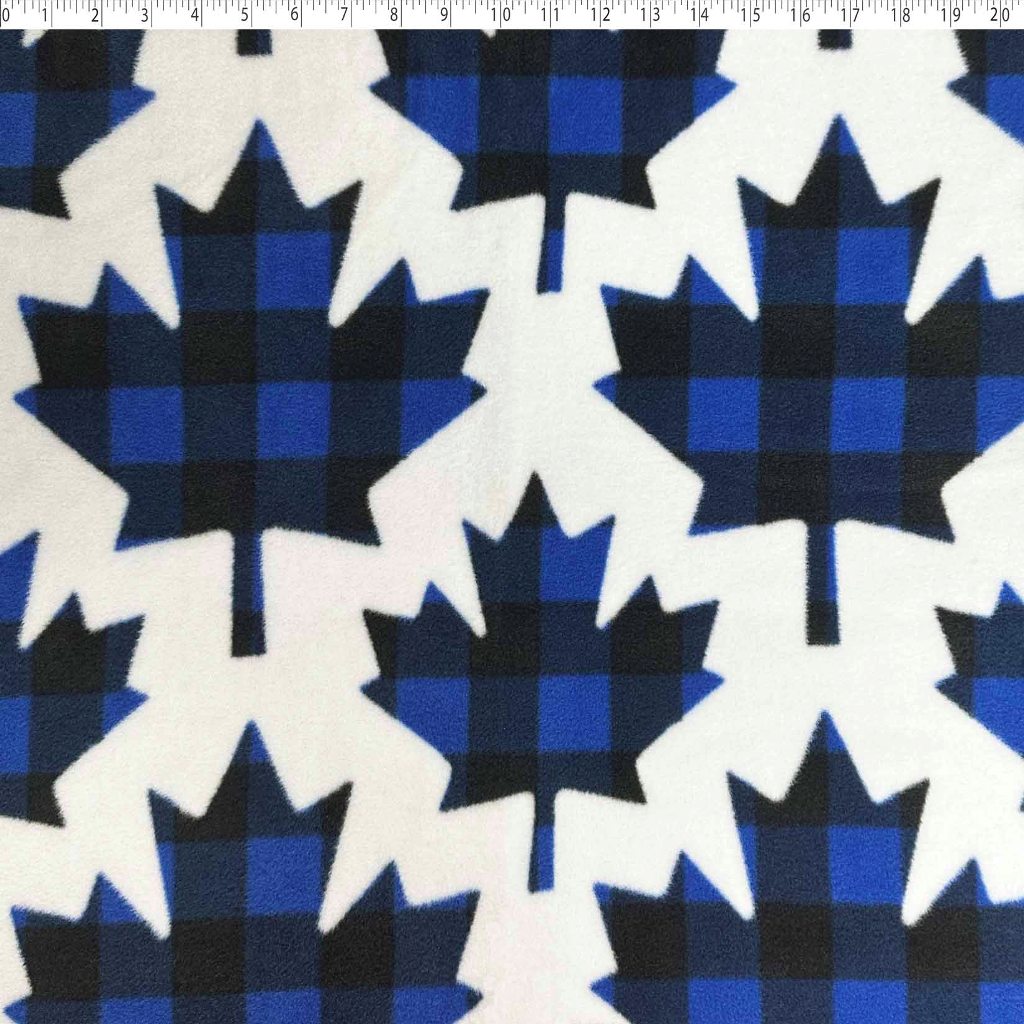 white medium weight polyester fleece with large royal and black buffalo print maple leaf.