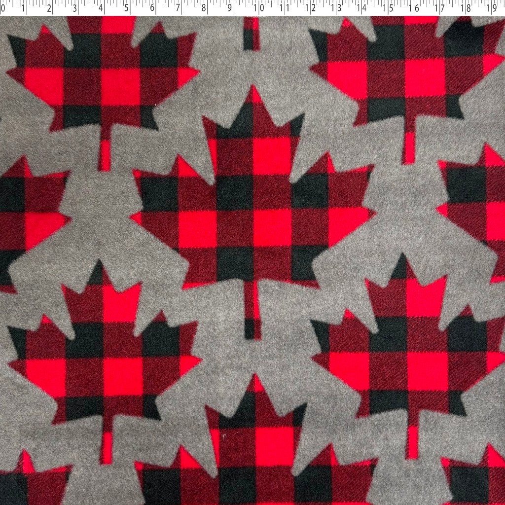grey mix medium weight polyester fleece with large red and black buffalo print maple leaf.