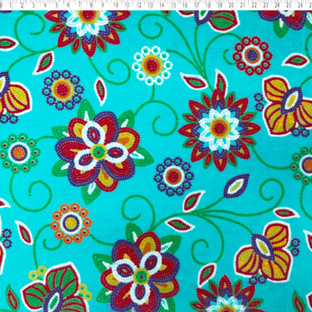 teal and red beadwork fleece print