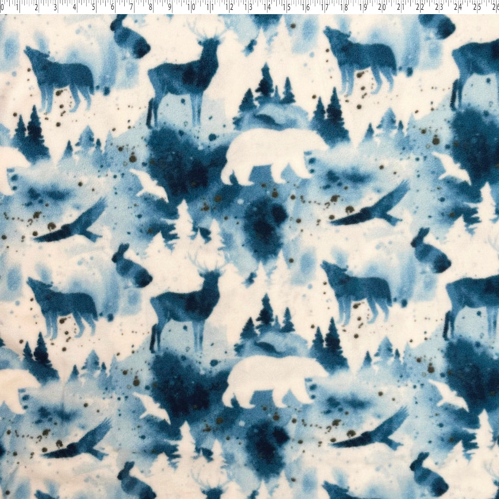 blue winter woodland fleece print