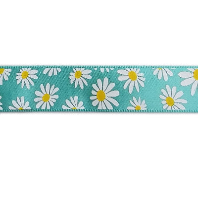 SINGLE FACE SATIN RIBBON 16mm - MINT WITH DAISY PRINT
