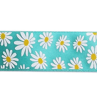 SINGLE FACE SATIN RIBBON 25mm - MINT WITH DAISY PRINT