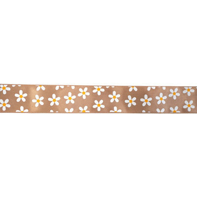 SINGLE FACE SATIN RIBBON 16mm - BROWN WITH DAISY PRINT
