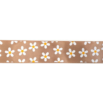 SINGLE FACE SATIN RIBBON 16mm - BROWN WITH DAISY PRINT