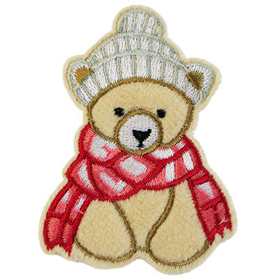 APPLIQUE BEAR WITH HAT AND SCARF IRON ON