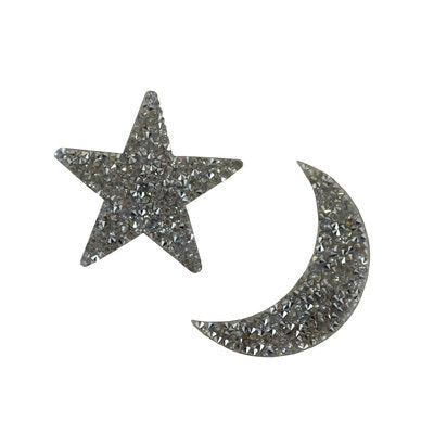 RHINESTONE STAR & MOON APPLIQUE 6X6CM & 4X6.5CM