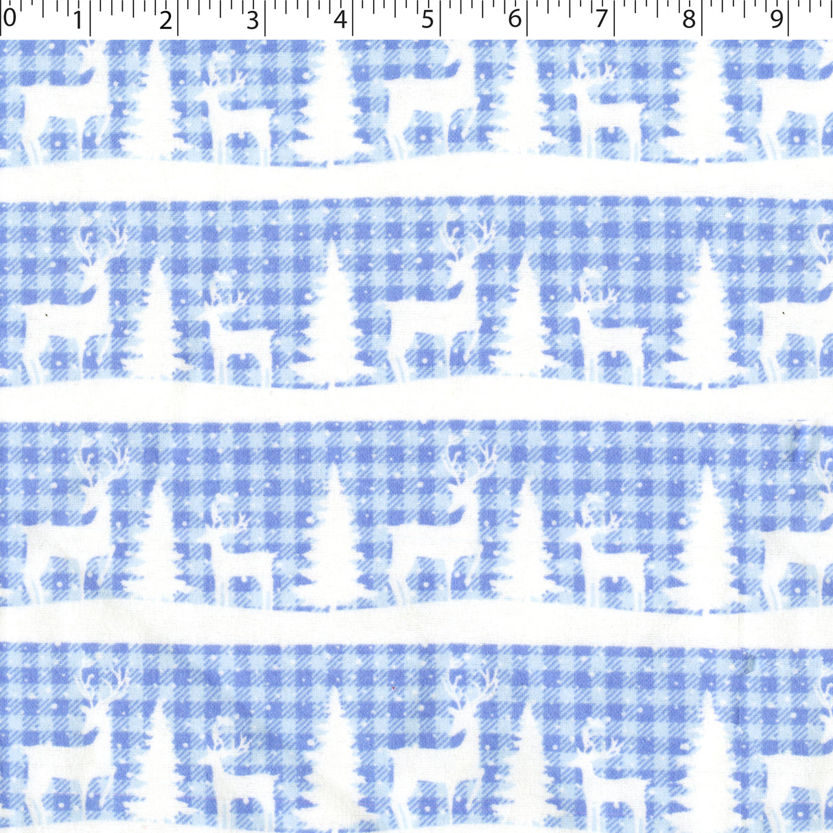white reindeer stripe with lt blue and blue buffalo check background flannelette print