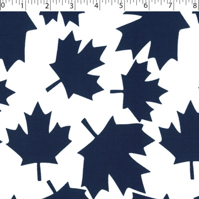 medium weight cotton on white background with all over royal large leaf print