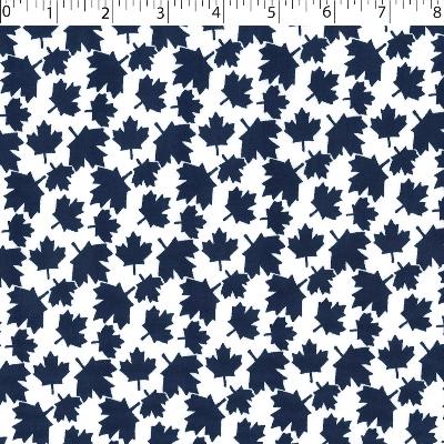 medium weight cotton on white background with all over royal small leaf print