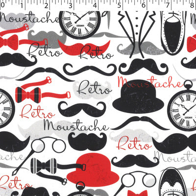 white ground with grey, red, black moustaches, hats etc.