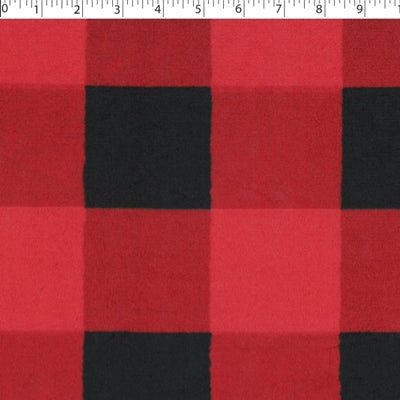 large red and black buffalo check print on velour face chenille knit fabric