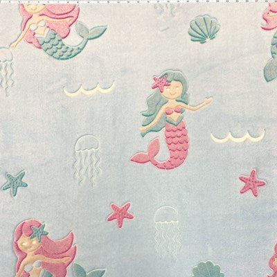 aqua heavy weight double sided chenille with glow in the dark mermaids on one side