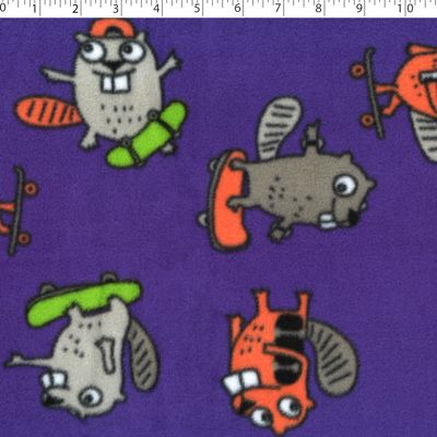 violet medium weight polyester fleece beavers on skateboard print