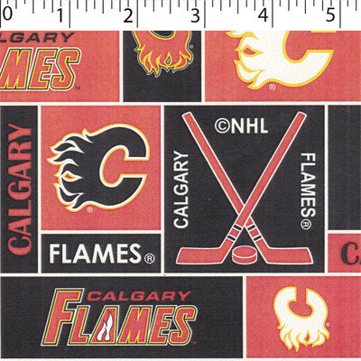 NHL medium weight polyester fleece in a block print of calgary flames in red and black