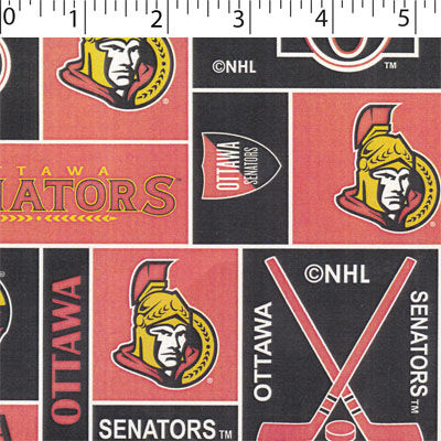 NHL medium weight polyester fleece in a block print of ottawa senators in red and black