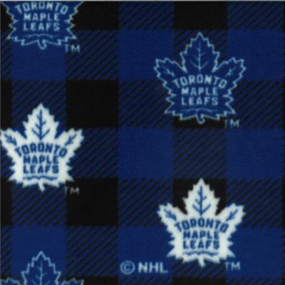 NHL medium weight polyester fleece in a buffalo check print of toronto maple leafs in royal and black