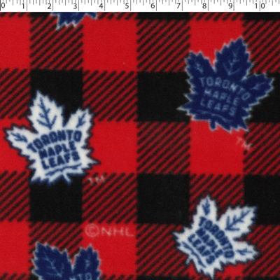NHL medium weight polyester fleece in a buffalo check print of toronto maple leafs in red and black
