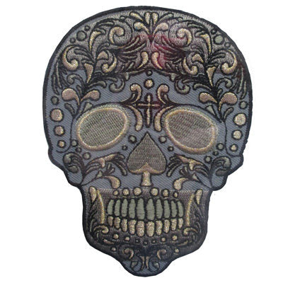 APPLIQUE SKULL GOLD METALLIC EMBROIDERY 8.5CM X 10.8CM