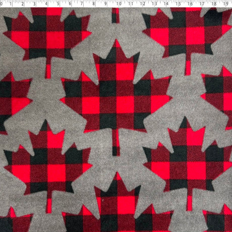 grey mix medium weight polyester fleece with large red and black buffalo print maple leaf.