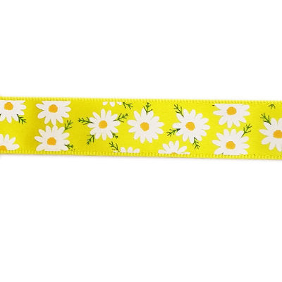 SINGLE FACE SATIN RIBBON 16mm - YELLOW WITH DAISY PRINT