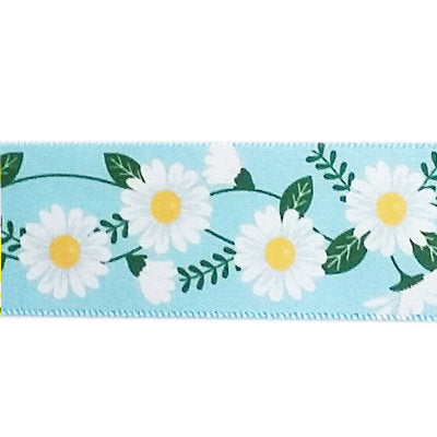 SINGLE FACE SATIN RIBBON 25mm - BLUE WITH DAISY PRINT