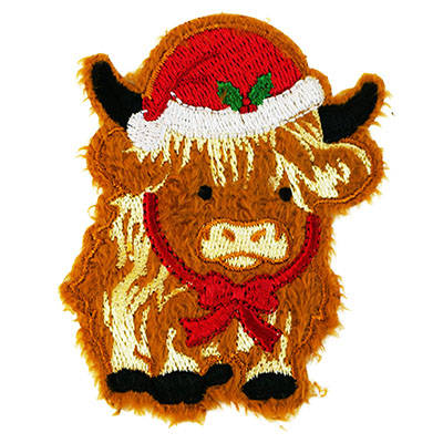 APPLIQUE HIGHLAND COW WITH SANTA HAT IRON ON/STICK ON