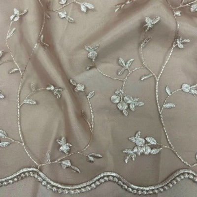 rose dust rose bud embroidered mesh with scapolled edge