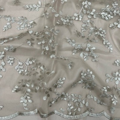 taupe viney leaf embroidered mesh with scapolled edge
