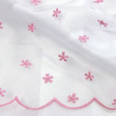 carnation pink daisy embroidered mesh with scapolled edge