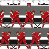 grey ground cotton flannelette with red hockey players
