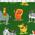 green ground cotton flannelette with sarfari animals