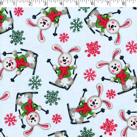 sky flannelette print with ski rabbits and snow flakes