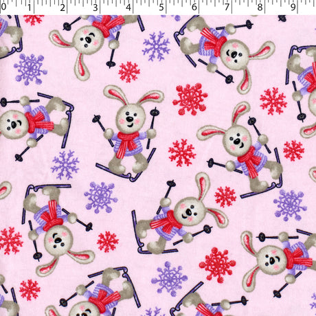 pink flannelette print with ski rabbits and snow flakes