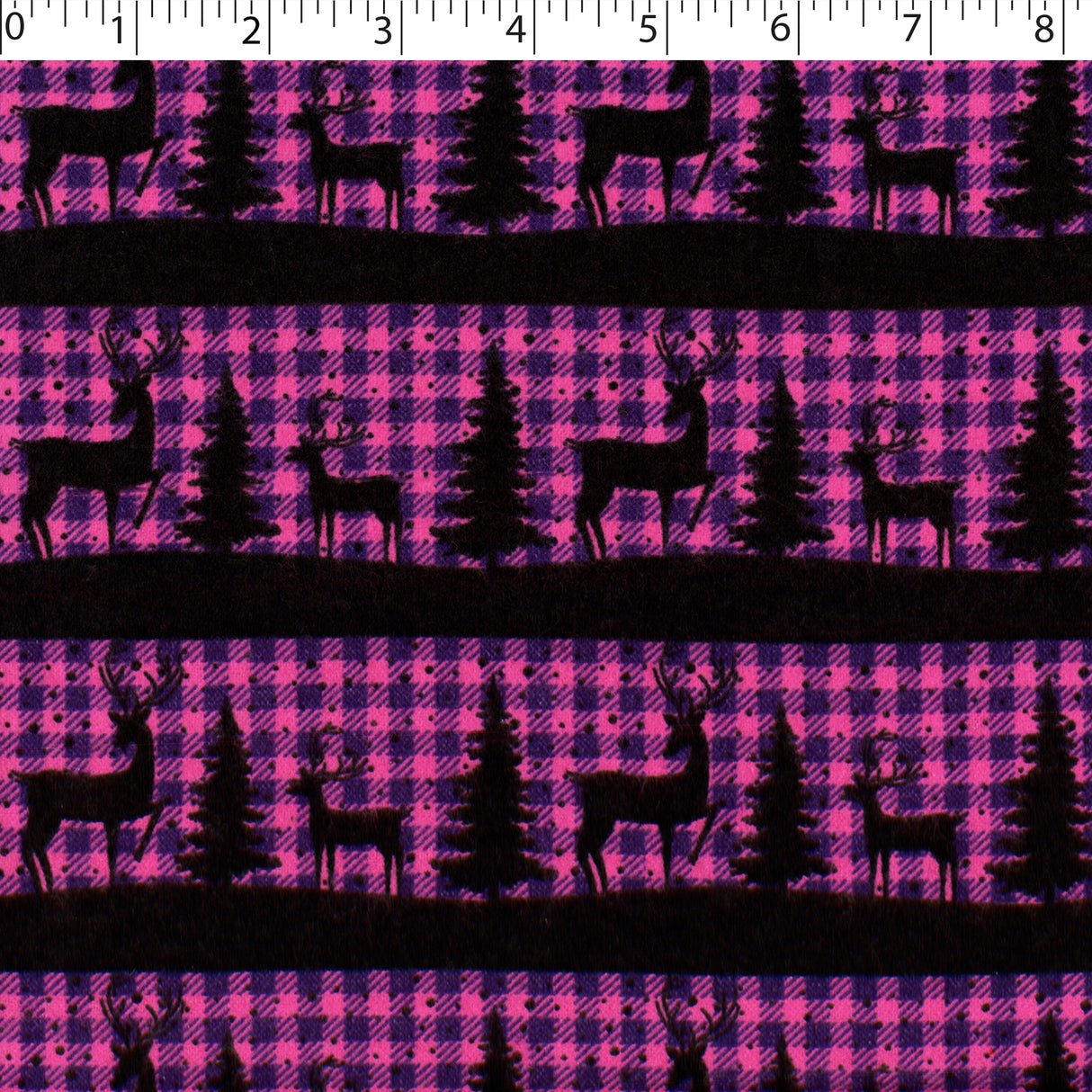black reindeer stripe with petunia and purple buffalo check background flannelette print