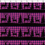 black reindeer stripe with petunia and purple buffalo check background flannelette print