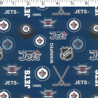 medium weight brushed NHL cotton in allover Winnipeg Jets print in blue