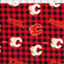 medium weight brushed NHL cotton in the print of Calgary flamers on a red and black buffalo check background