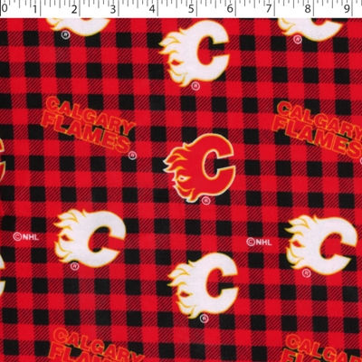 medium weight brushed NHL cotton in the print of Calgary flamers on a red and black buffalo check background