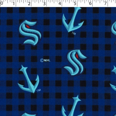 medium weight brushed NHL cotton in the print of Seattle Kraken on a blue and black buffalo check background