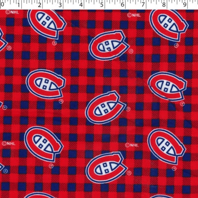 medium weight brushed NHL cotton in the print of Montreal Canadiens on a red and blue buffalo check background