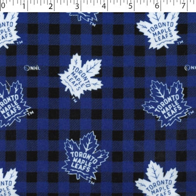 medium weight brushed NHL cotton in the print of Toronto Maple Leafs on a blue and black buffalo check background