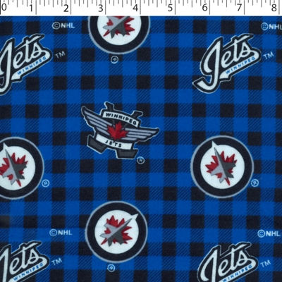medium weight brushed NHL cotton in the print of Winnipeg Jets on a blue and black buffalo check background