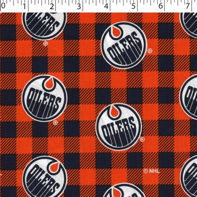 NHL Edmonton Oilers cotton print in orange and blue buffalo check design
