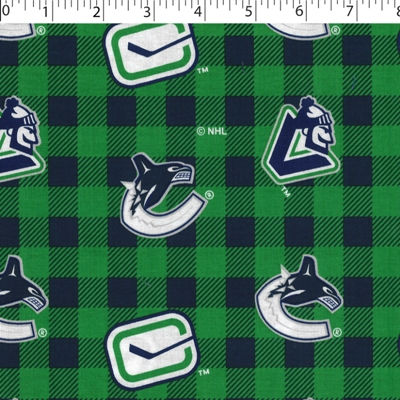 NHL Vancouver Canucks cotton print in green and blue buffalo check design