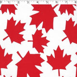 medium weight cotton on white background with all over red large leaf print
